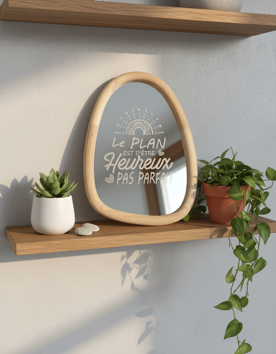 miroir gravé "l'essentiel" Miroir gravé avec citation 'Le plan est d'être heureux, pas parfait', création laser sur mesure par DID ART CUSTOM à Chelles, déco motivation et livraison France