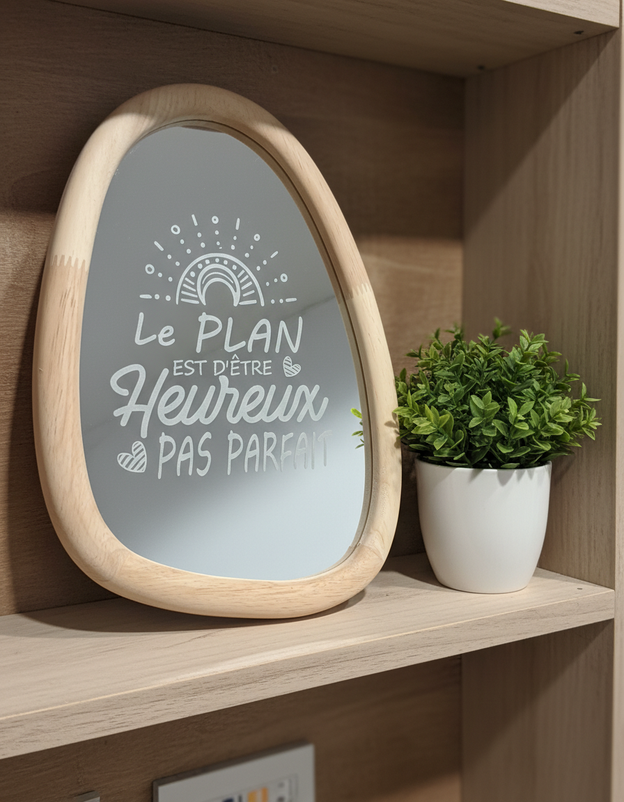 miroir gravé "l'essentiel" Miroir gravé avec citation 'Le plan est d'être heureux, pas parfait', création laser sur mesure par DID ART CUSTOM à Chelles, déco motivation et livraison France