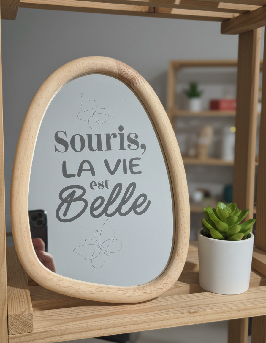 miroir gravé "l'optimiste" Miroir gravé avec citation 'Souris, la vie est belle', personnalisation au laser par DID ART CUSTOM à Chelles, cadeau unique et livraison dans toute la France