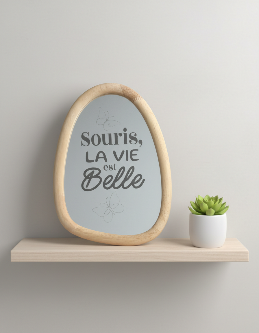 miroir gravé "l'optimiste" Miroir gravé avec citation 'Souris, la vie est belle', personnalisation au laser par DID ART CUSTOM à Chelles, cadeau unique et livraison dans toute la France