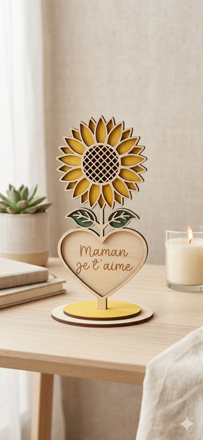 fleur éternelle en bois 20 cm — cœur gravé personnalisable Fleur éternelle en bois 20 cm avec cœur gravé personnalisable pour fête des mères, grand mère maîtresse ou nounou
